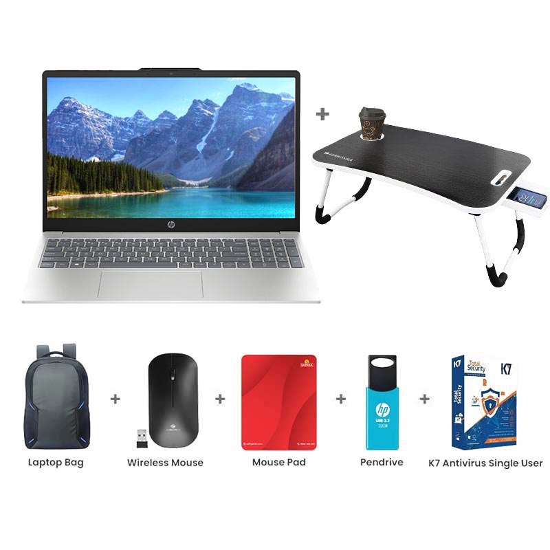 Picture of  HP - AMD Ryzen 3 7320U 15.6" (39.6 cm) 15-fc0154AU Thin & Light Laptop (8GB/ 512GB SSD/ Full HD Display/ AMD Radeon Graphics/ Dual speakers,FHD camera/ Mic mute key/ Camera privacy shutter/ Windows 11 Home/ MS Office/ 1 Year Warranty/ Natural Silver/ 1.59Kg)  with Laptop Table + Laptop Bag + Wireless Mouse + Mouse Pad + Pendrive + K7 Antivirus Single User